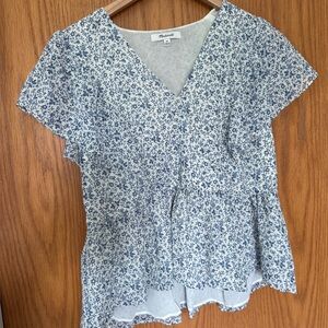 Madewell White and Floral Blue Peplum Short Sleeve Blouse